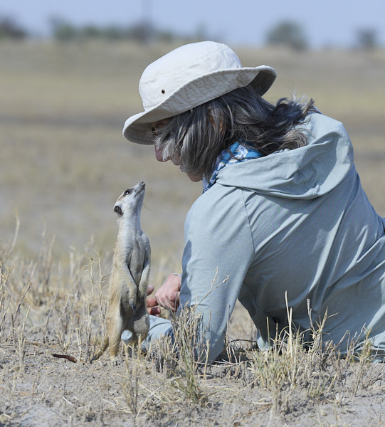 Cathy having a tête-à-tête with a meerkat