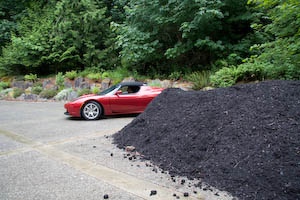 Roadster next to gigantic mulch pile